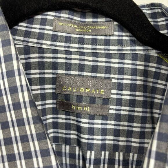 Calibrate Dress Shirt Mens 17.5 34/35 Non Iron Trim Fit Blue Check Button Up - Picture 3 of 10